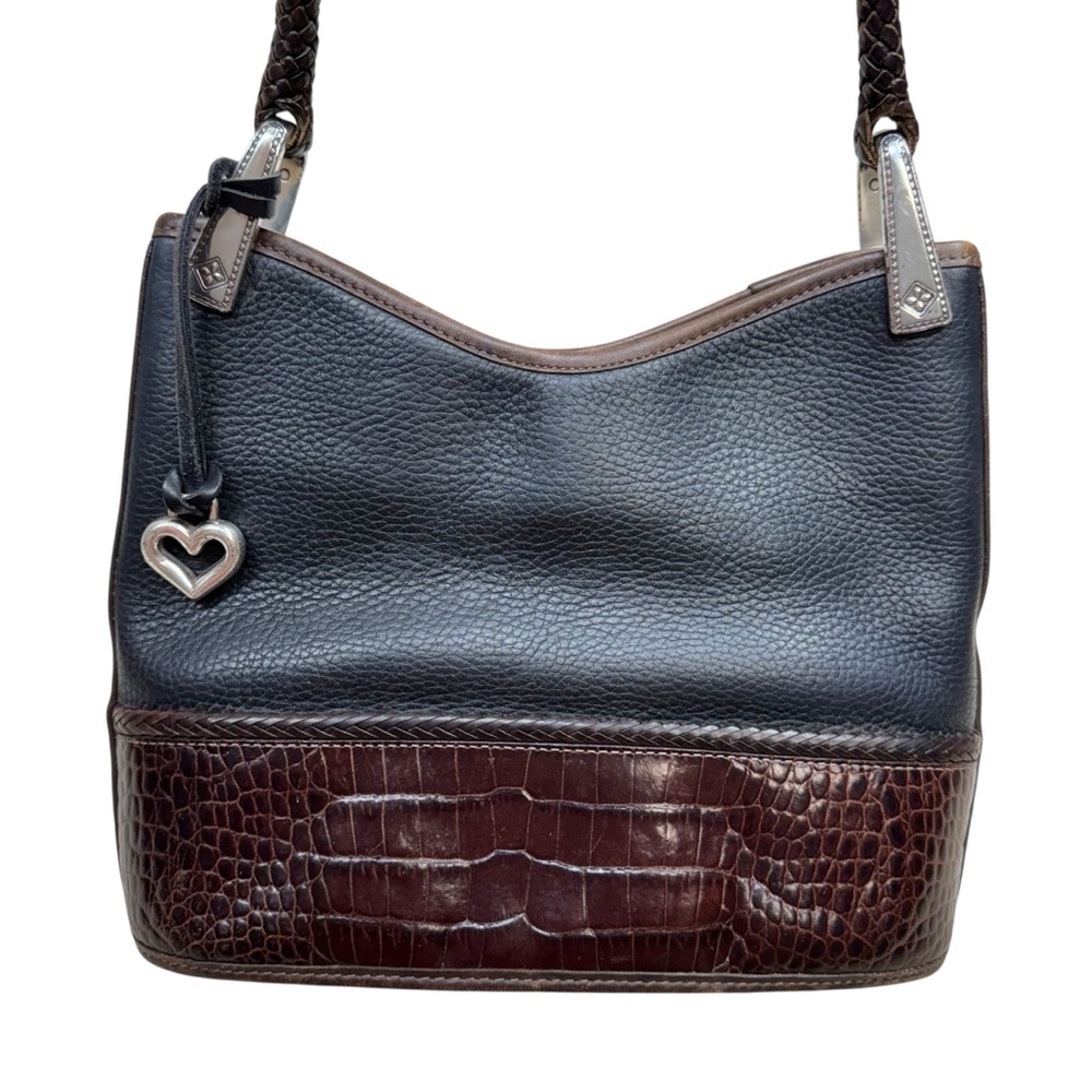 BRIGHTON Bucket Bag Pebbled Leather Black Brown Shoulder Tote Vtg Braided Strap - Picture 4 of 15